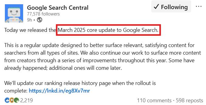 Google Core update announcement
