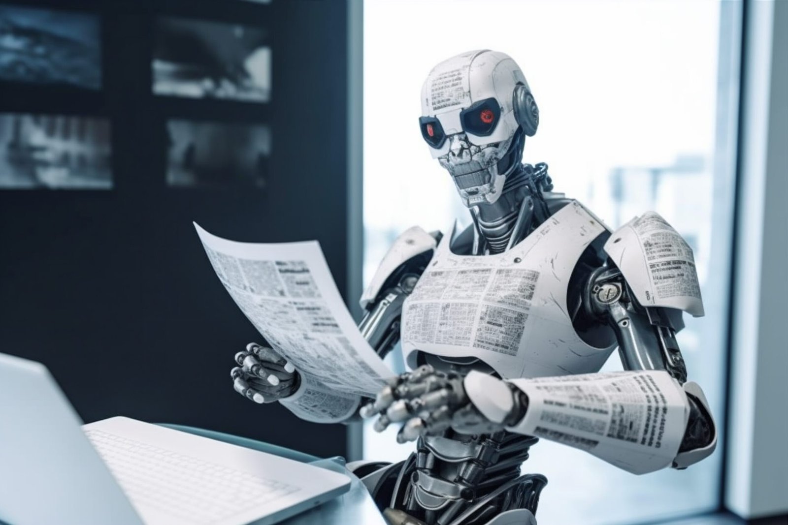 hand robot laptop paper document digital technology ai artificial office. Generative AI.