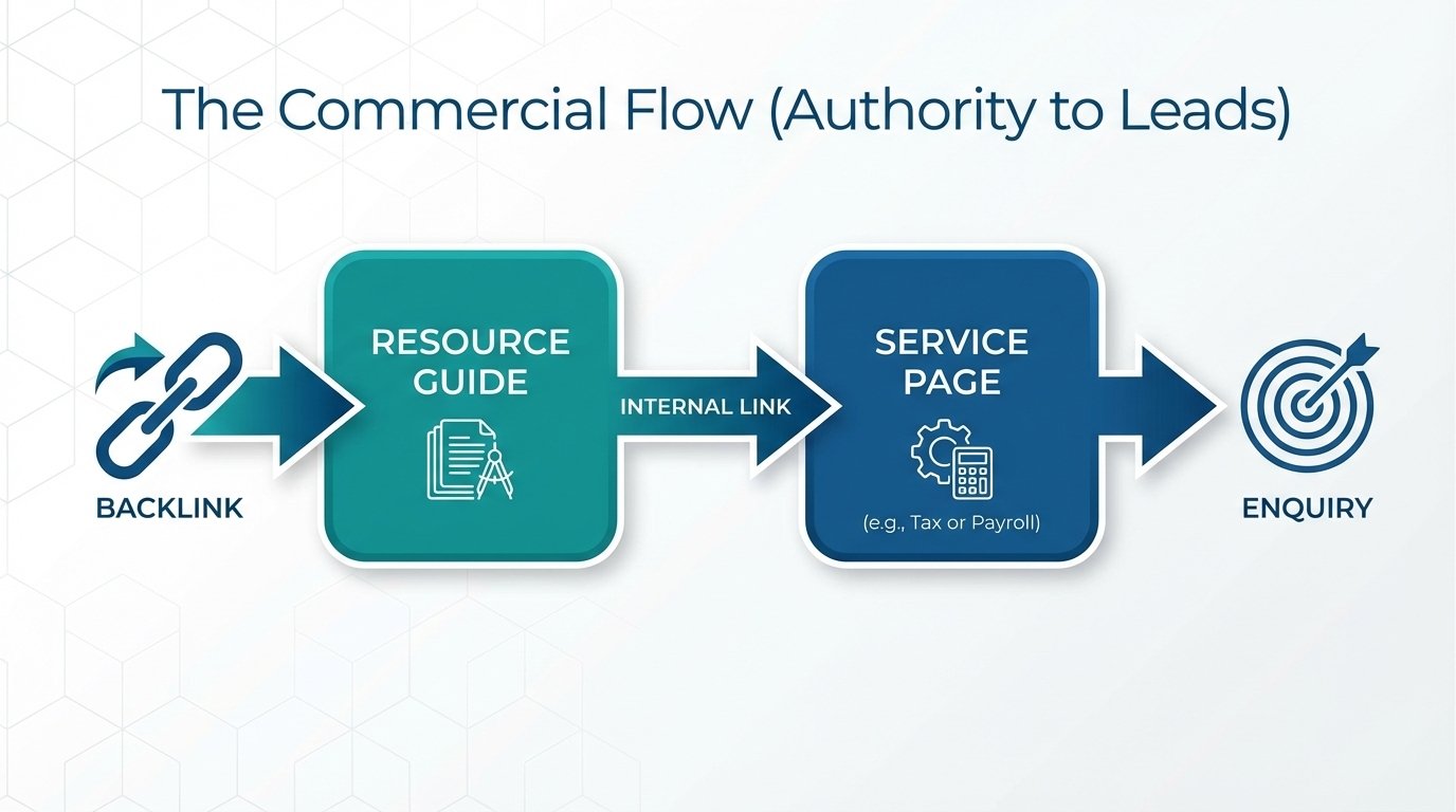 How Accountants Get Backlinks: A Practical Link Building Guide for UK Firms 5 Flowchart showing how a backlink to an accountancy guide passes authority through internal linking into the payroll, VAT and bookkeeping service pages that convert enquiries