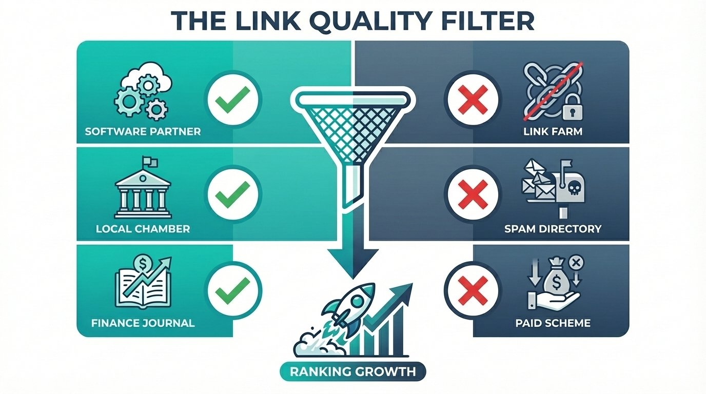 How Accountants Get Backlinks: A Practical Link Building Guide for UK Firms 2 Infographic comparing trust signals: high-value editorial backlinks versus low-value directory and PBN links for accountancy SEO