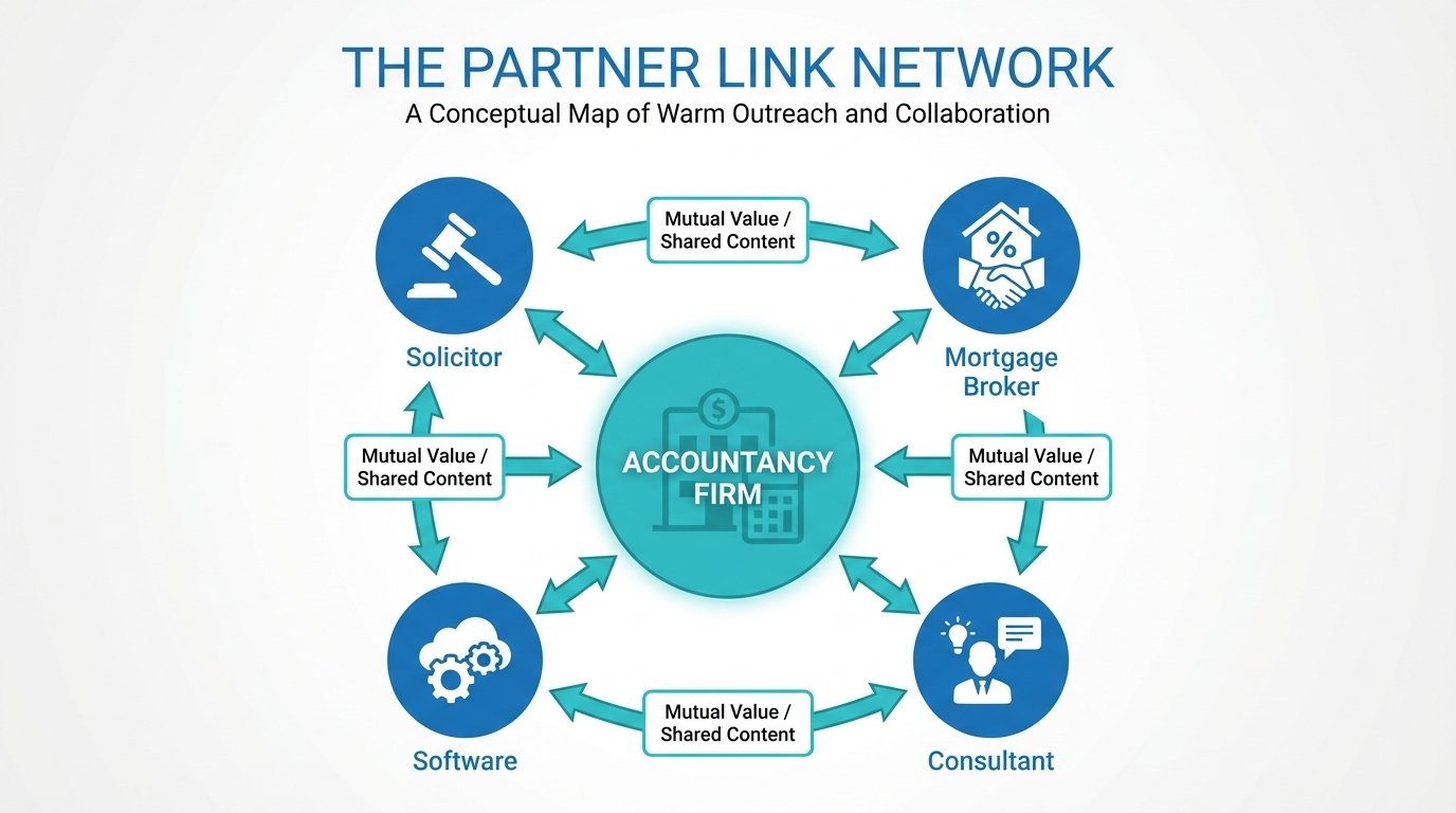 How Accountants Get Backlinks: A Practical Link Building Guide for UK Firms 4 Partner link network diagram showing how accountants exchange backlinks with solicitors, mortgage brokers, IFAs, payroll providers and software partners