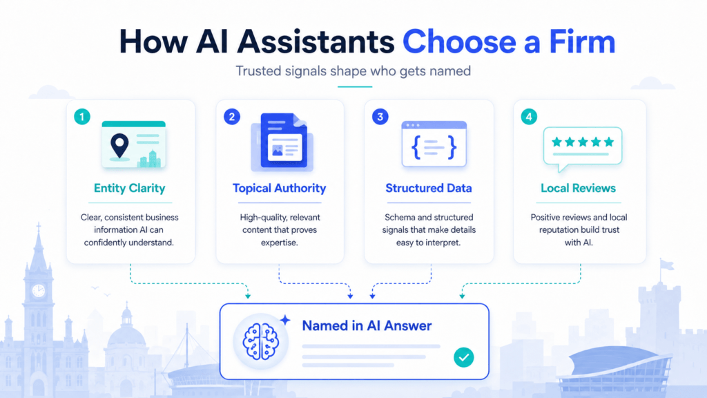 Semantic SEO Agency UK | Topical Authority Strategy 6 Labelled diagram of the four signals AI assistants use to choose which UK firm to name