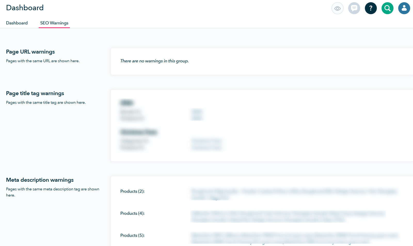 Shopwired SEO Expert Services to Grow Your Store 4 Shopwired SEO Warnings tab detecting duplicate titles and descriptions