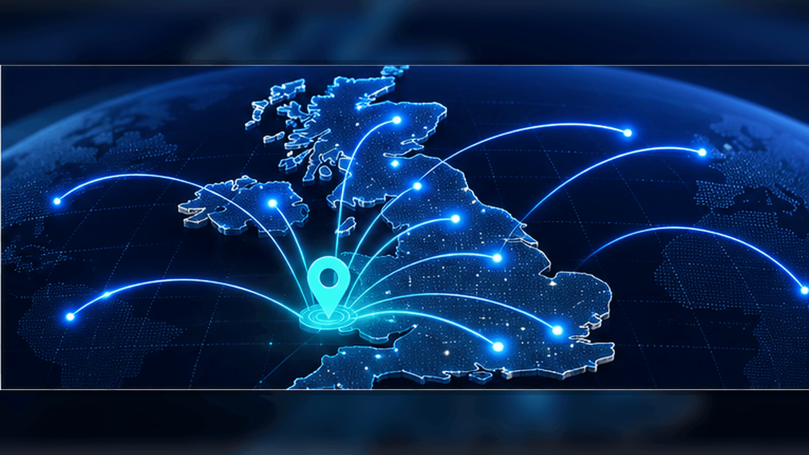 B2B SEO Agency & Consultant to Rank Your Website 31 Map of the United Kingdom with a glowing hub pin in Cardiff connected to cities across the UK and arcs reaching international clients
