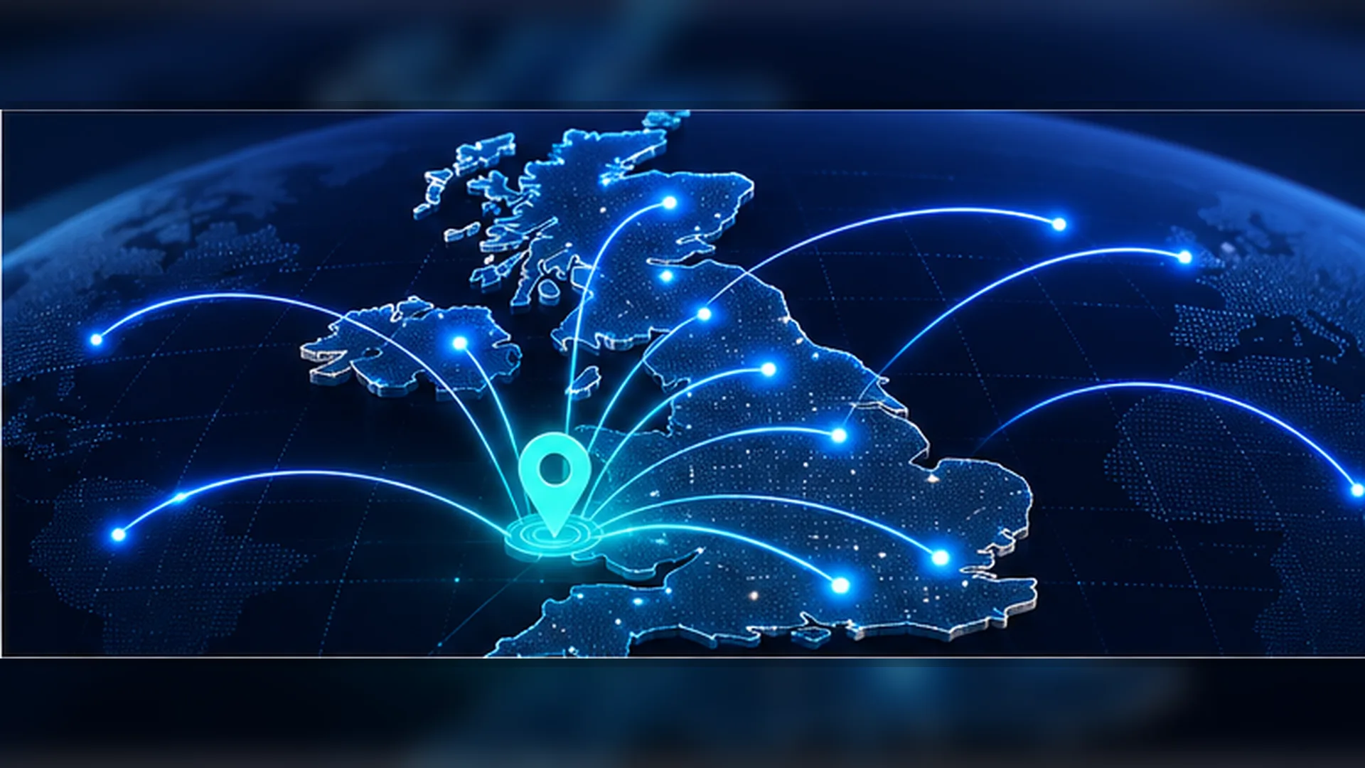 B2B SEO Agency & Consultant to Rank Your Website 31 Map of the United Kingdom with a glowing hub pin in Cardiff connected to cities across the UK and arcs reaching international clients