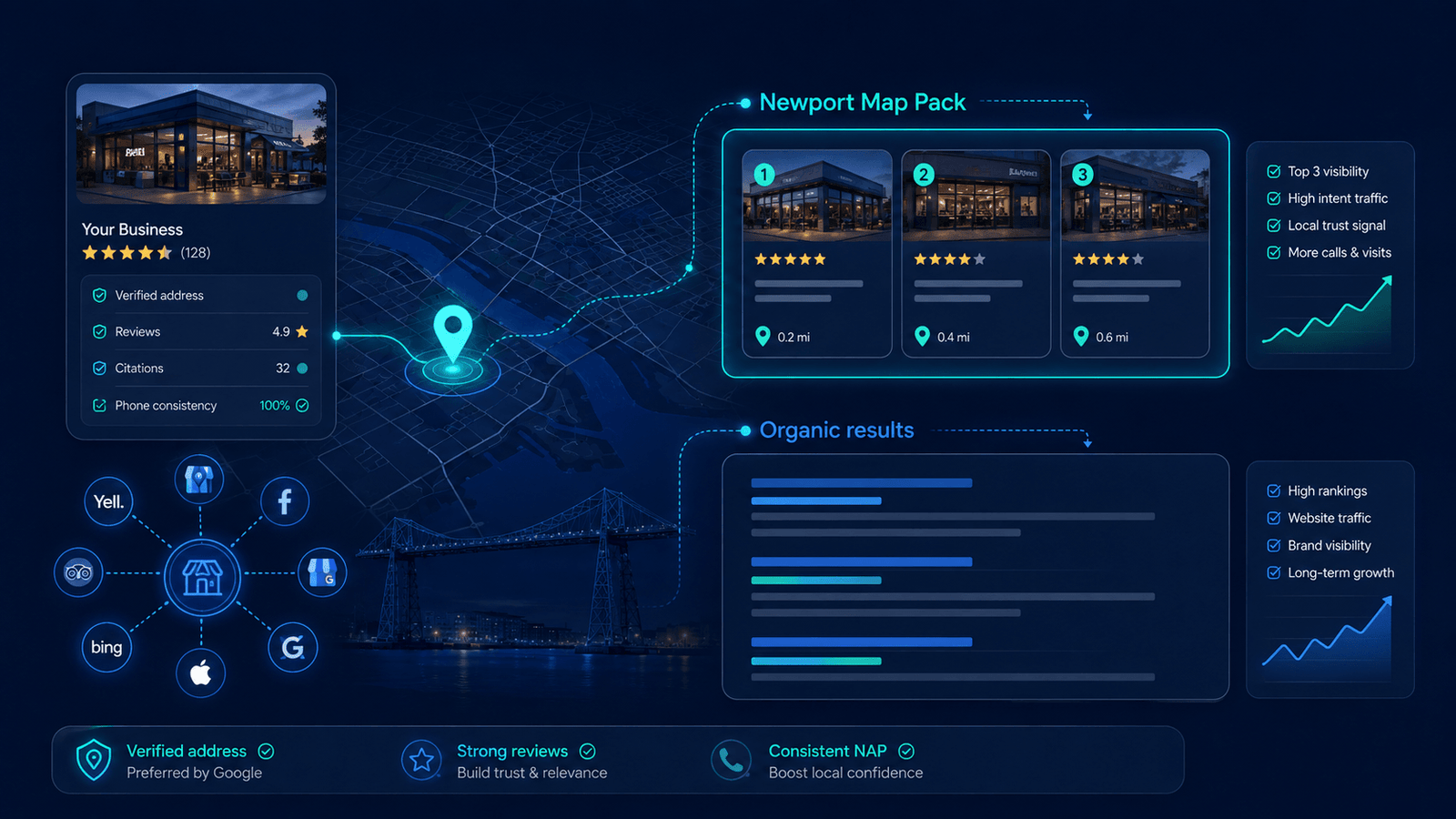 SEO Agency Newport | Local SEO for Newport Firms 5 Annotated map pack screenshot showing the local signals that decide Google map placement for a Newport business, covering the verified profile, the primary category, matching citations and review text