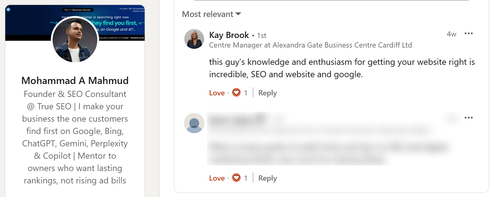 Cardiff Local SEO Case Study: 44 First-Page Rankings 5 Screenshot of a public LinkedIn comment from Kay Brook, Centre Manager at Alexandra Gate Business Centre Cardiff, on the website and SEO work delivered by True SEO