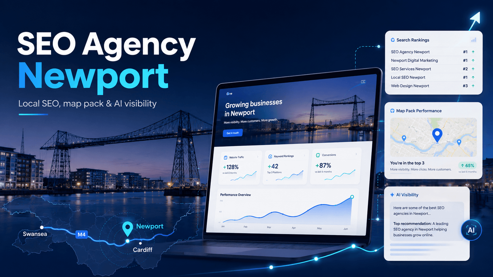 SEO Agency Newport | Local SEO for Newport Firms 1 Labelled overview showing the SEO services True SEO Consultants Ltd provides for businesses in Newport and Gwent, covering local SEO, the Google map pack and Google Business Profile work along the M4 corridor