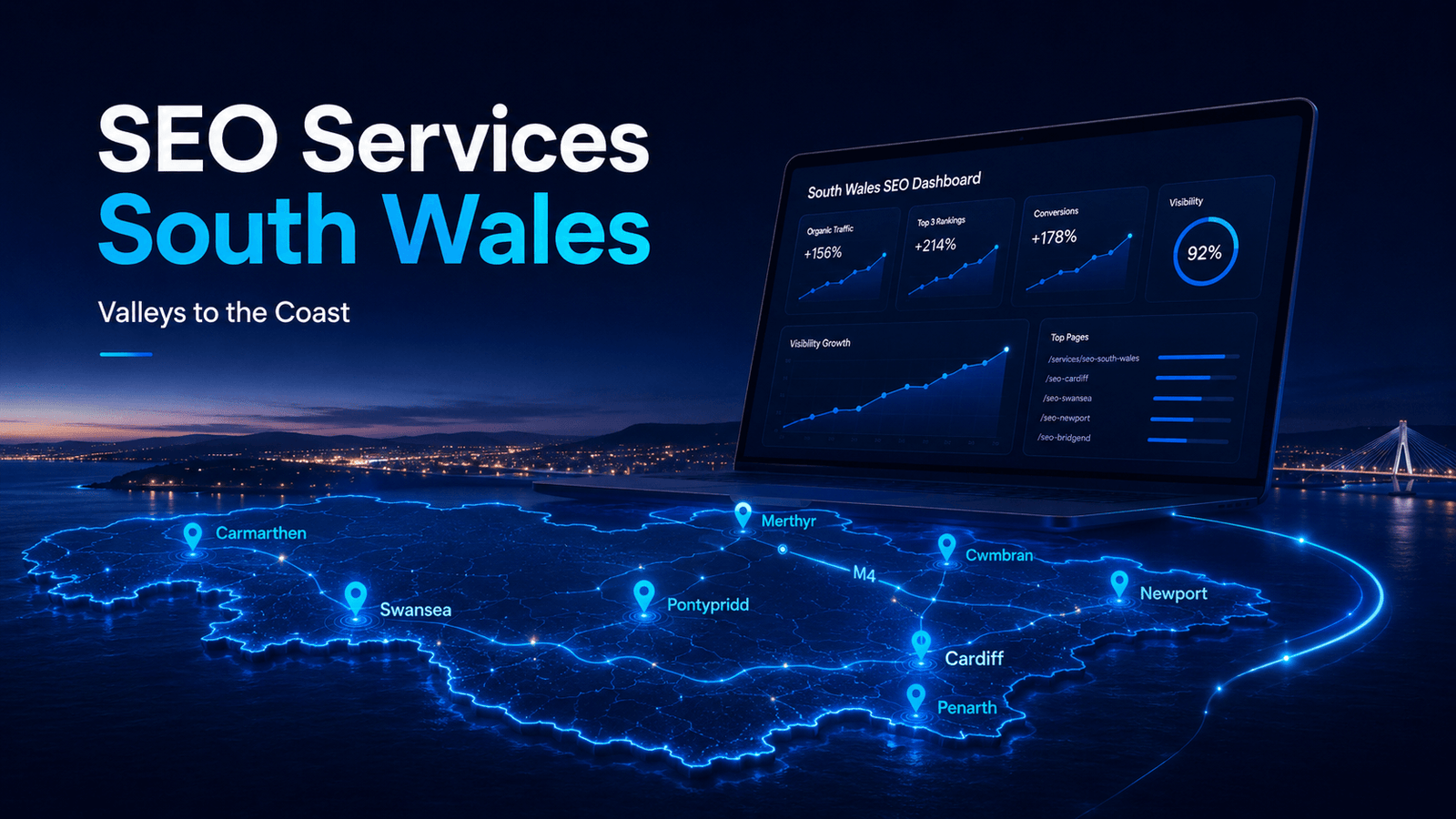 Illustration showing SEO services delivered by True SEO Consultants Ltd across South Wales, from the Valleys towns to the M4 corridor and the coast