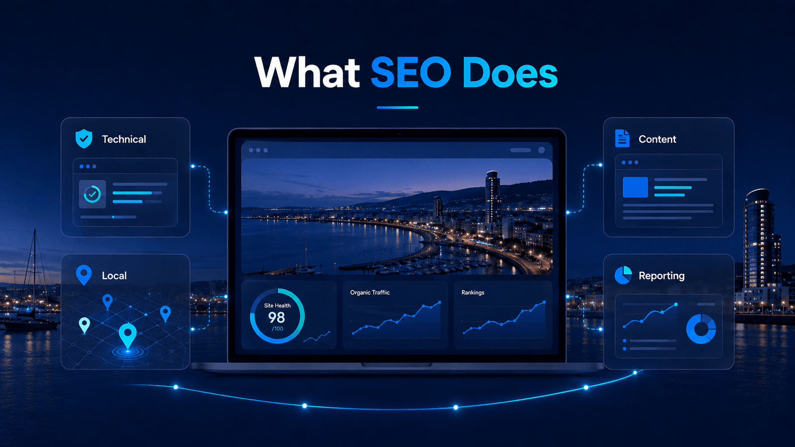 SEO Agency Swansea | Local SEO Across Swansea Bay 5 Annotated Google map pack result for a Swansea search showing the three local listings and the signals deciding their order