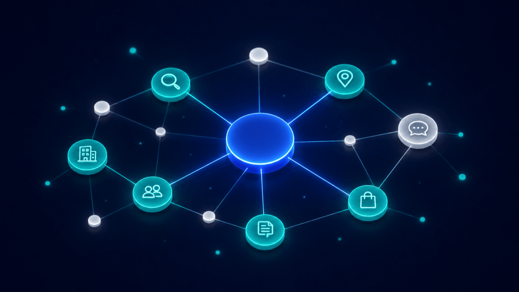 Semantic SEO Agency UK | Topical Authority Strategy 1 Knowledge graph diagram showing a central business entity linked to its attributes and related entities