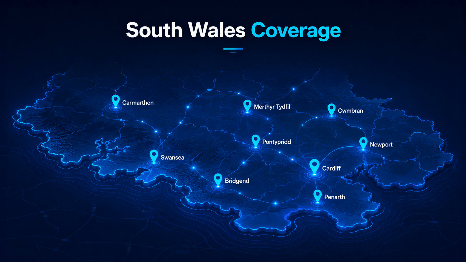 Map with named pins showing Cardiff, Newport, Swansea, Caerphilly, Merthyr Tydfil, Pontypridd, Bridgend, Cwmbran, Penarth and Carmarthen as the South Wales towns covered by True SEO Consultants Ltd