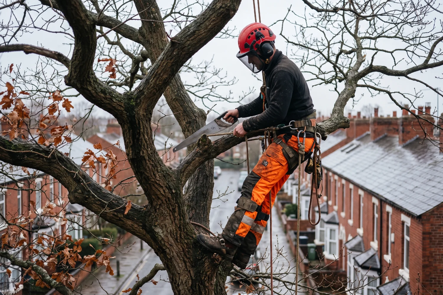 Arborist roped into the canopy of a mature oak carrying out crown reduction work above a British terraced street in winter