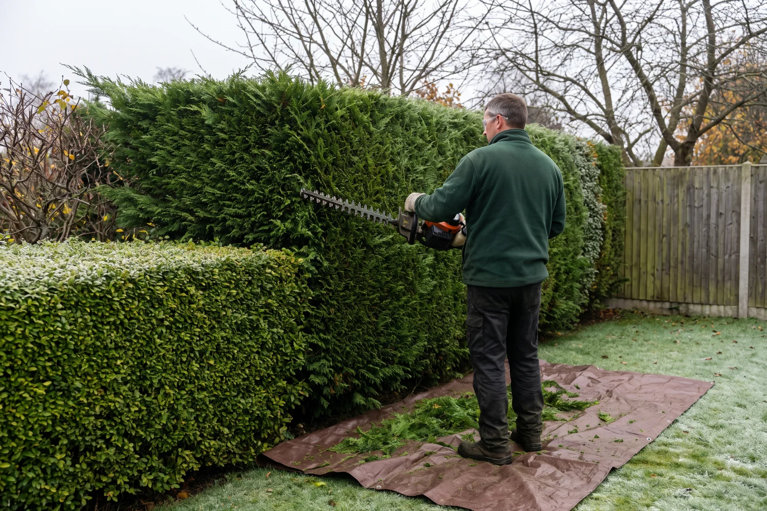 Groundsman trimming a mature garden hedge with a petrol hedge trimmer in late autumn, after the nesting season has ended