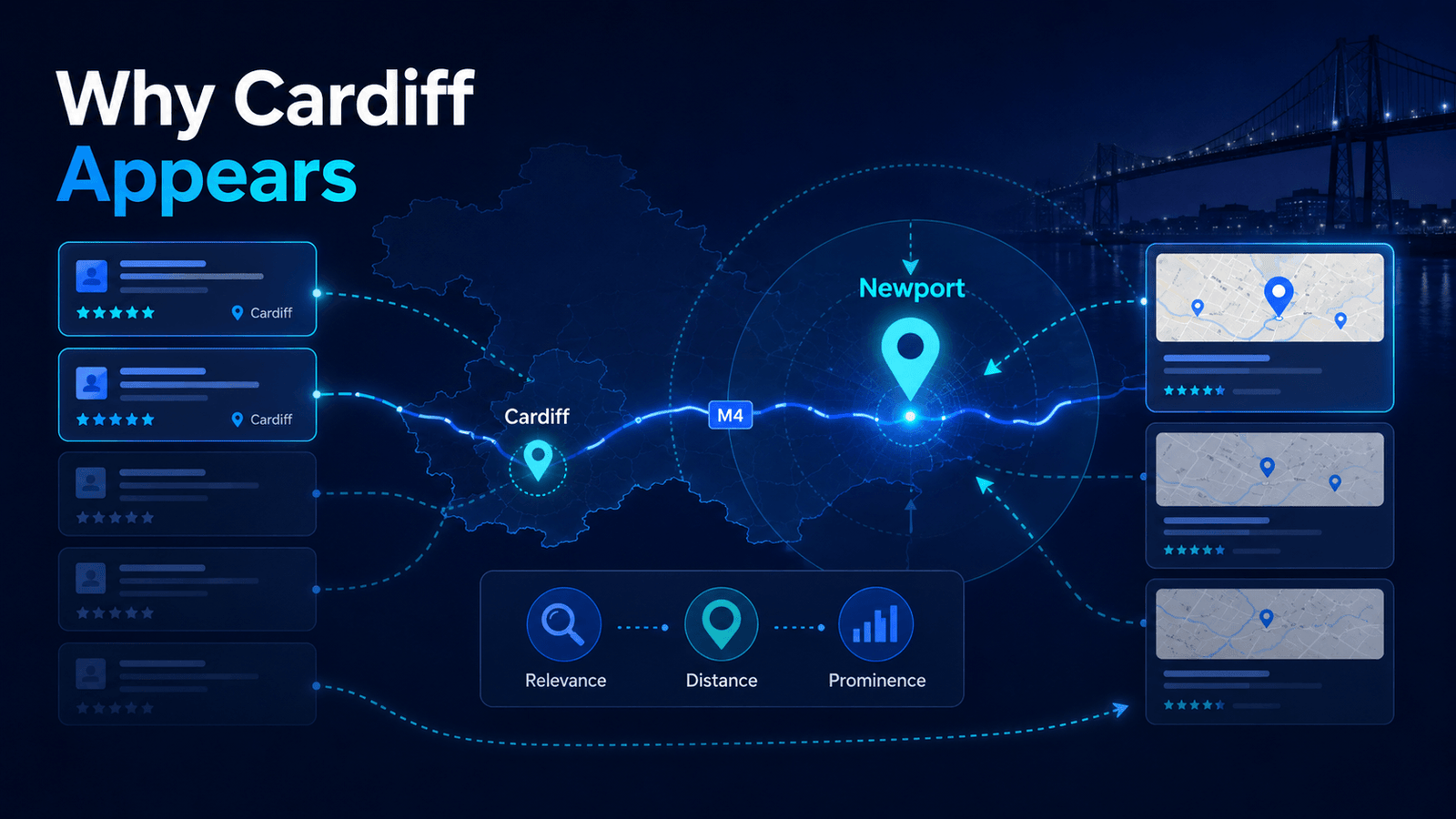 SEO Agency Newport | Local SEO for Newport Firms 4 Corridor map showing why Cardiff businesses appear in Newport search results, with the twelve mile M4 overlap between Newport NP20 and Cardiff CF24 that Google draws local results from