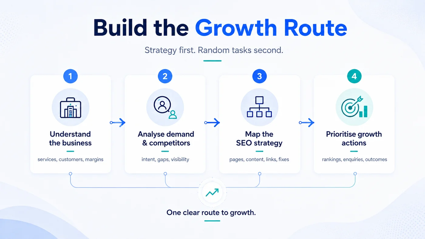 Bespoke SEO Services UK | Built Around Your Model 7 Four step diagram of a bespoke SEO engagement: understand the business, analyse demand and competitors, map the SEO strategy, prioritise growth actions