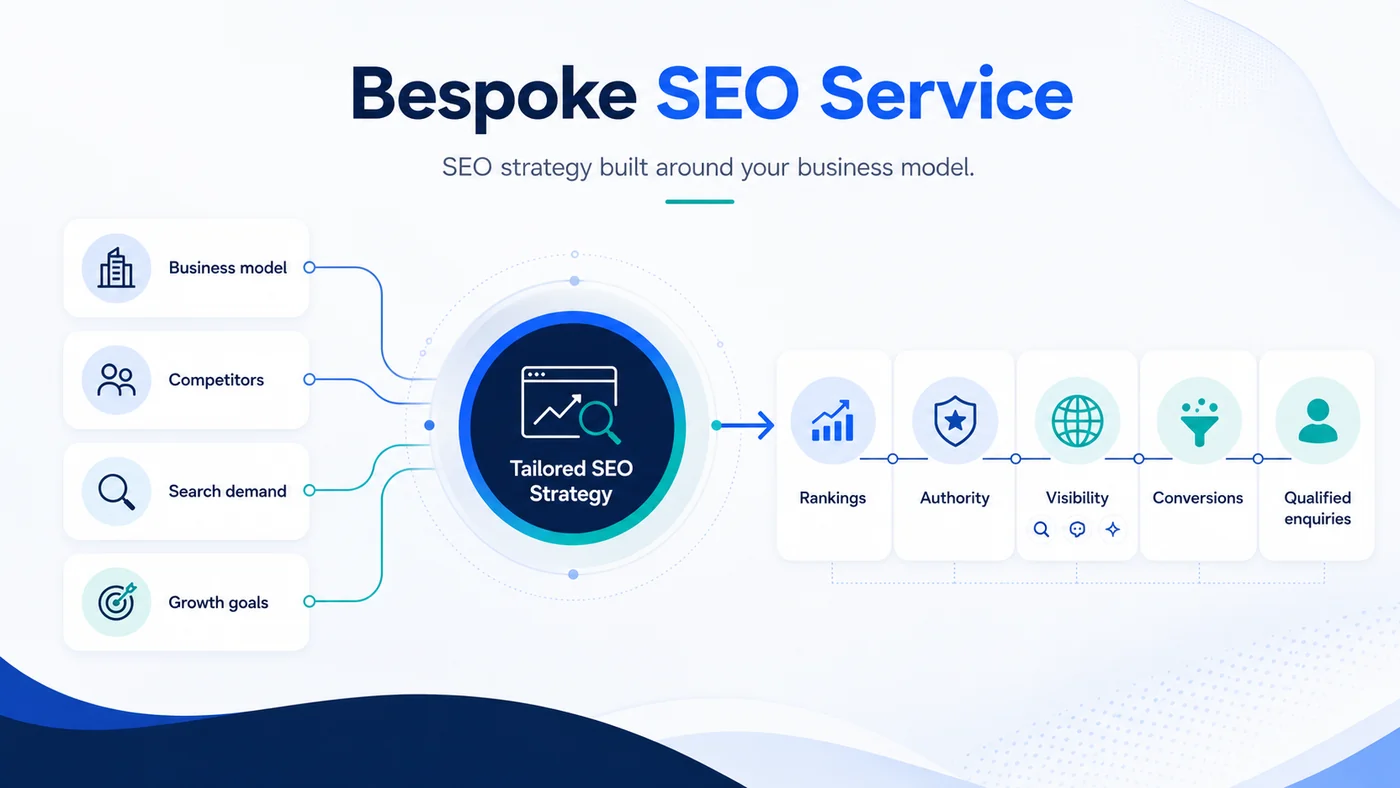Bespoke SEO Services UK | Built Around Your Model 1 Diagram showing business model, competitors, search demand and growth goals feeding one tailored SEO strategy, which produces rankings, authority, visibility, conversions and qualified enquiries