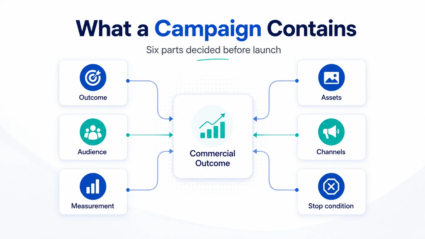 Digital Marketing Campaigns 2 Labelled diagram showing the six parts of a digital marketing campaign, outcome, audience, measurement, assets, channels and stop condition, all feeding one commercial outcome for a True SEO client