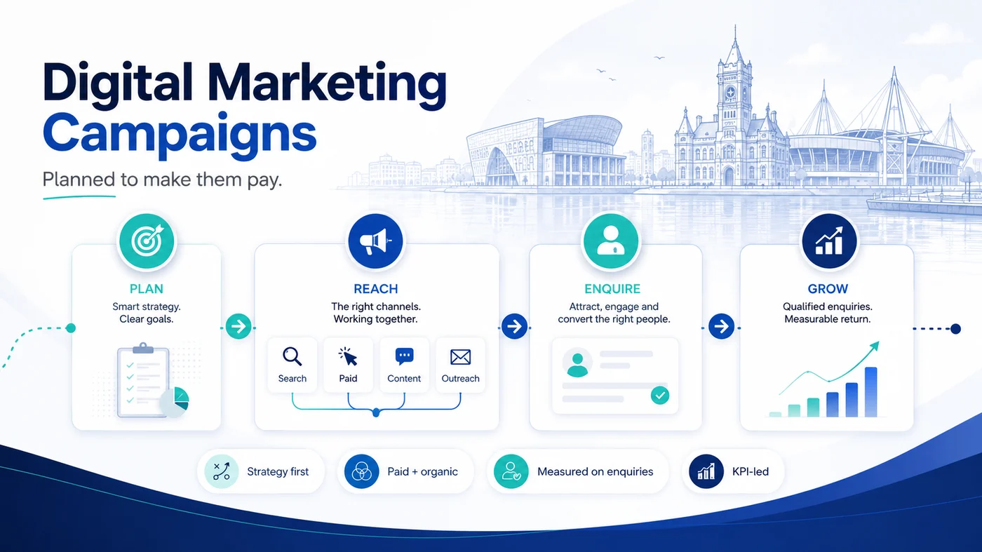 Digital Marketing Campaigns 1 Process diagram showing the four stages of a True SEO digital marketing campaign, plan then reach then enquire then grow, for a Cardiff business measured on qualified enquiries