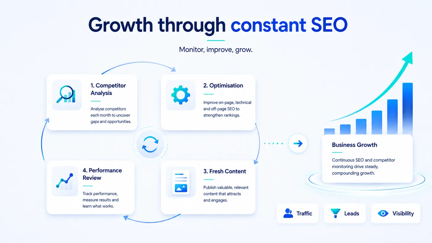 Diagram showing steady monthly SEO work compounding into growth compared with a single intensive burst that fades