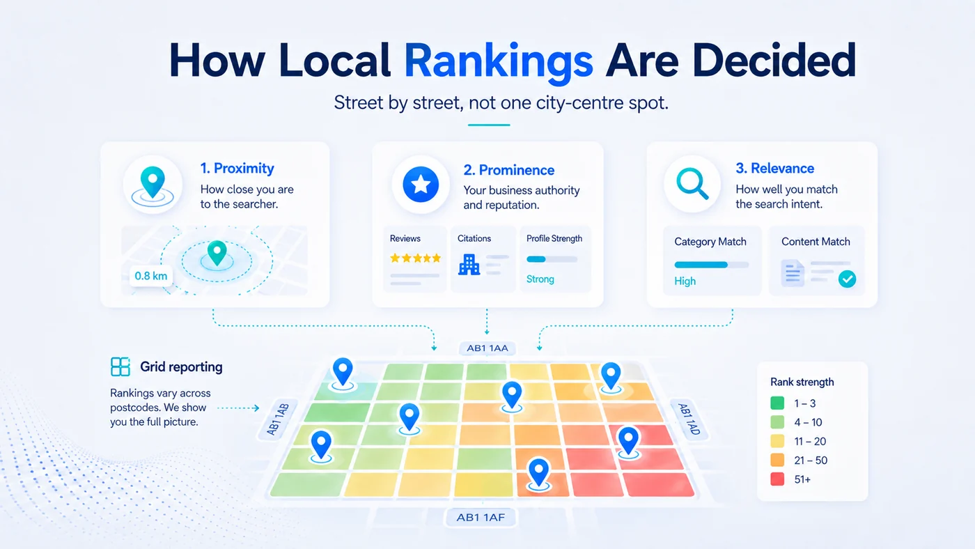 Diagram showing the three local ranking inputs of proximity, prominence and relevance, with a postcode grid beneath showing how rank strength varies street by street across a city