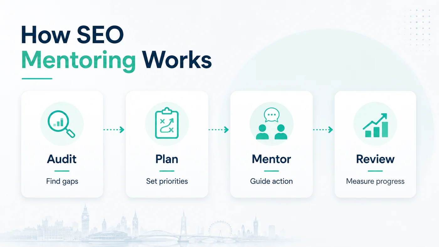 SEO Mentoring and Coaching UK, One to One With a Consultant 3 Four step diagram of how True SEO mentoring works: audit to find the gaps, plan to set priorities, mentor to guide the action, review to measure progress
