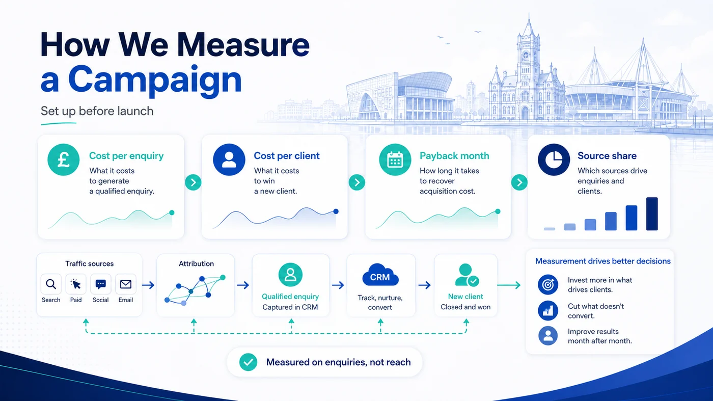 Digital Marketing Campaigns 3 Measurement diagram showing cost per enquiry, cost per client, payback month and source share, with traffic sources tracked through attribution into the CRM for a True SEO campaign