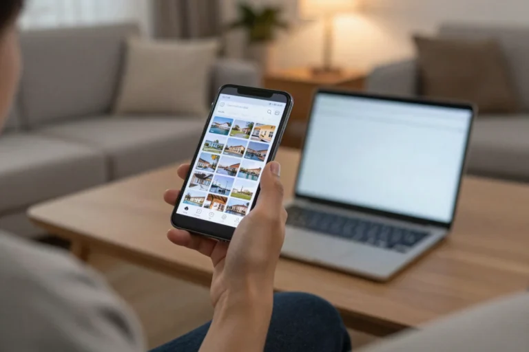 Why agents rank below Rightmove and Zoopla for every property search 3 A person on a sofa scrolling property listings on a smartphone with a laptop open on the coffee table beside them