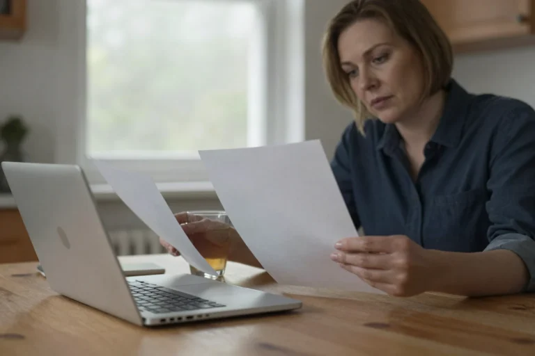 What landlords search before they change letting agent 7 A landlord sitting at a kitchen table with a laptop, reading paperwork before deciding whether to change letting agent