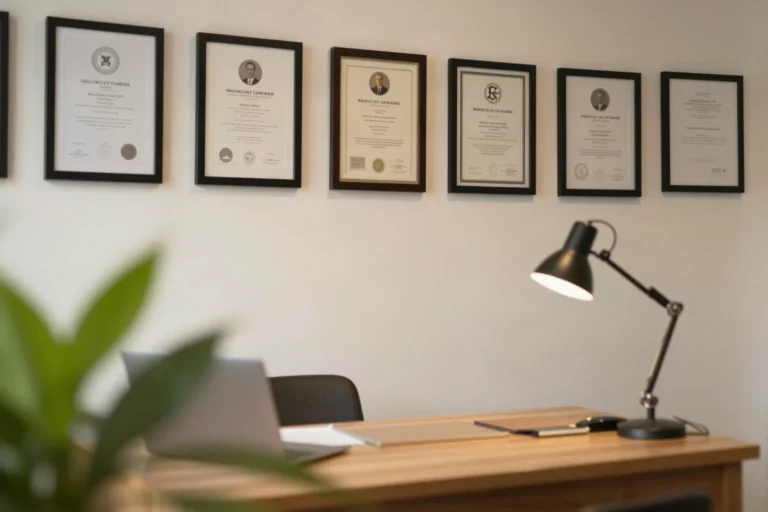 Does ARLA Propertymark or RICS membership help an agency rank? 6 Framed professional accreditation certificates on the wall of a small British lettings office above a desk