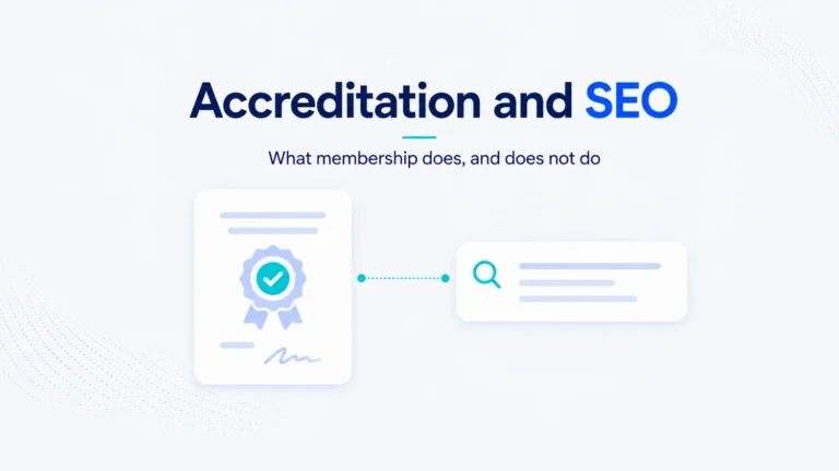 An accreditation certificate with a verified tick connected to a search result, showing how a membership claim reaches search