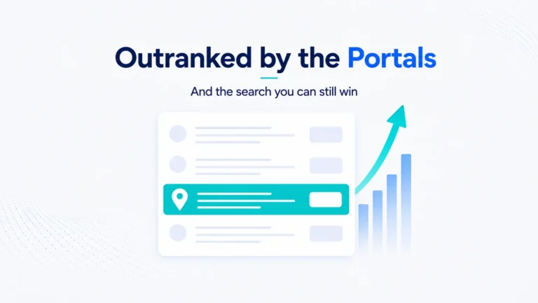 Search results with a highlighted local letting agent result among portal listings, beside a rising trend line