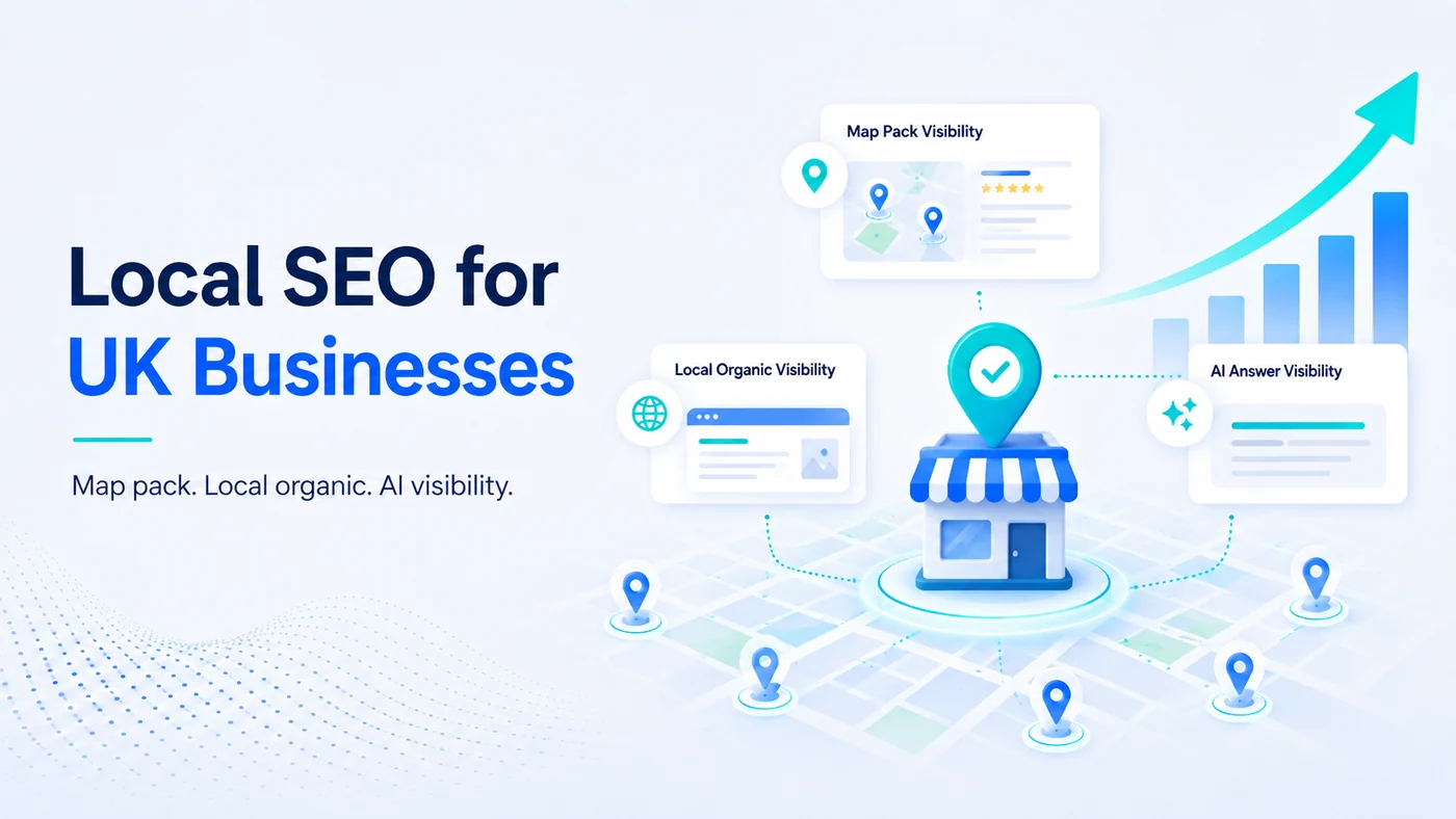 Local SEO for UK businesses: a storefront on a map grid surrounded by map pack visibility, local organic visibility and AI answer visibility panels