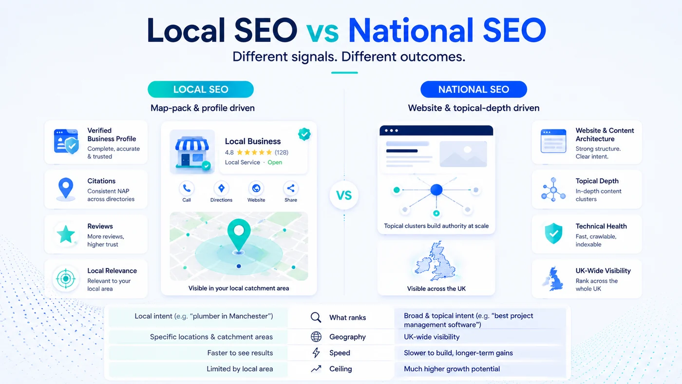 Comparison diagram of local SEO and national SEO across ranking factors, the assets each needs, typical timescale and how results are measured