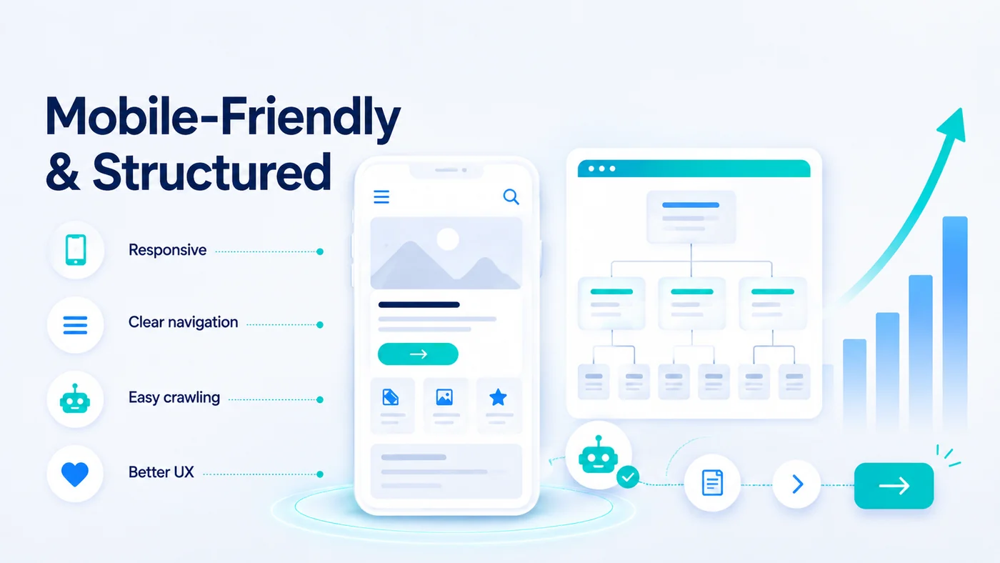 Conversion-Led Web Design & Build | True SEO 4 Diagram of mobile-friendly and structured web design showing readable typography, clear structure, accessible tap targets and a layout built for small screens