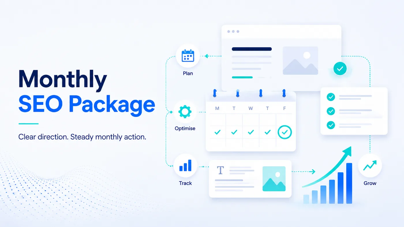 Monthly SEO package diagram showing fixed tiers, a stated monthly scope and agreed KPIs reported each month