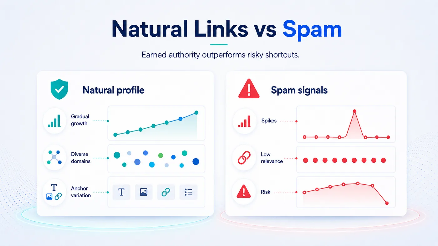 Diagram contrasting naturally earned backlinks with bulk spam links across source variety, anchor text, timing and durability