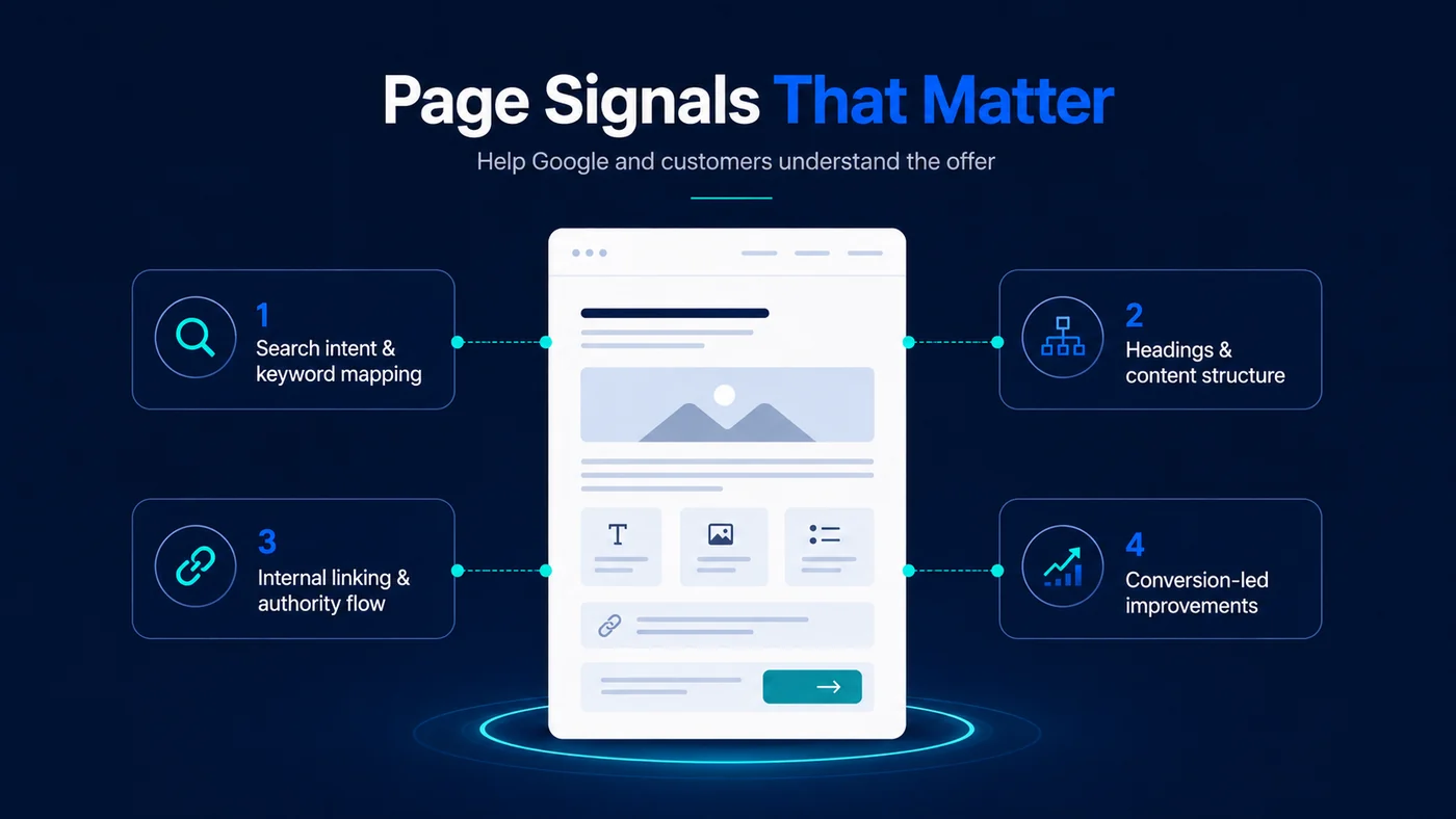 Diagram of four on-page signals around a web page: search intent and keyword mapping, headings and content structure, internal linking and authority flow, and conversion-led improvements