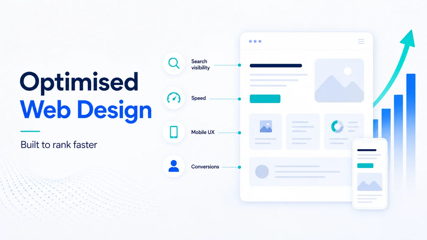 Conversion-Led Web Design & Build | True SEO 1 Optimised web design diagram showing search visibility, speed, mobile UX and conversions as the four properties of a website built to rank faster