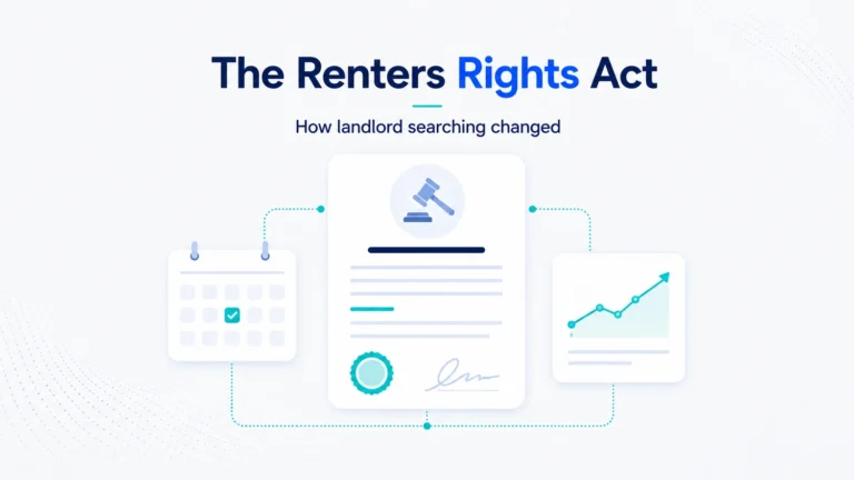 Legislation document with a gavel, a dated calendar and a rising search trend line, showing how landlord searching shifted
