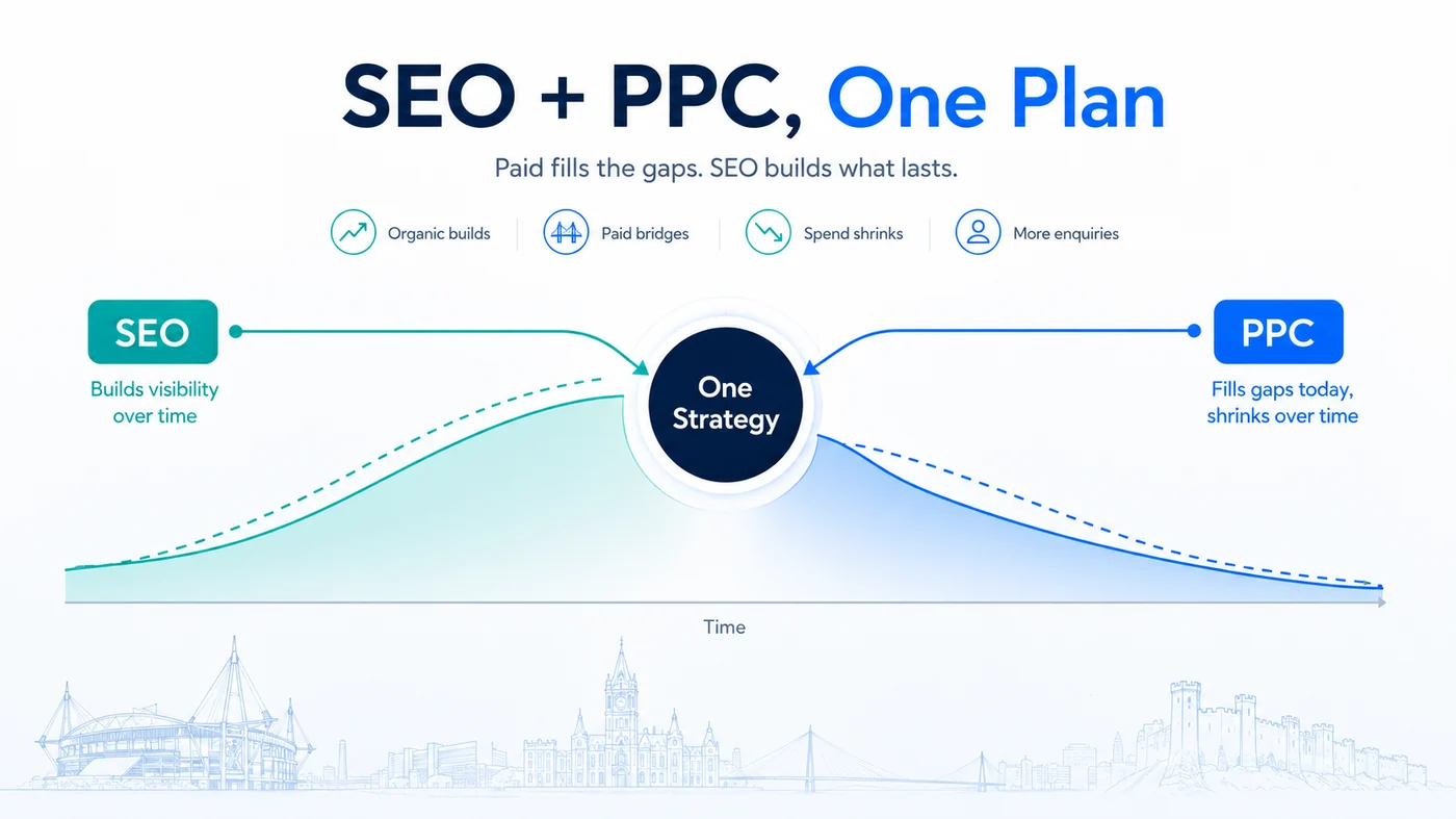 Line diagram showing organic visibility building over time while paid search fills the gap and shrinks, both managed under one True SEO plan for a Cardiff business