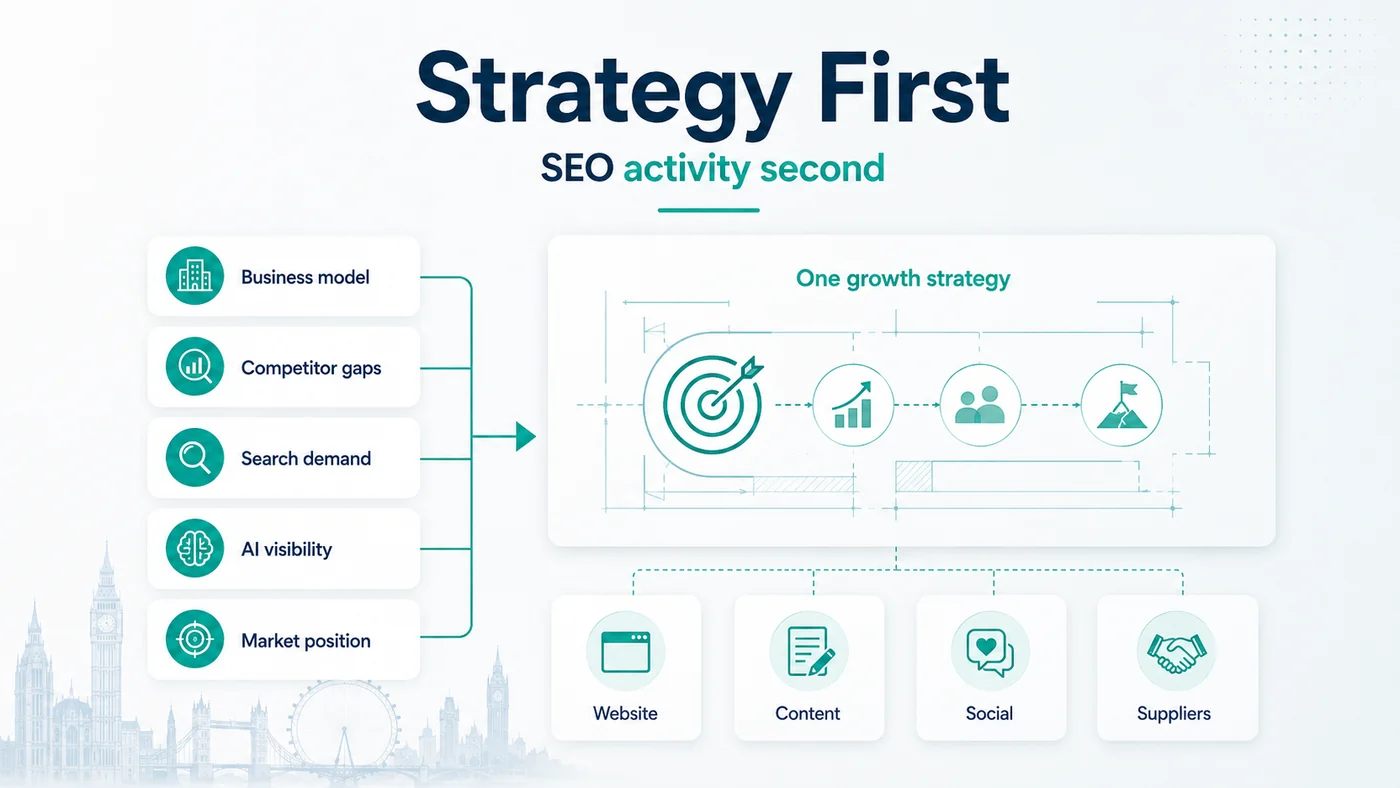 SEO Mentoring and Coaching UK, One to One With a Consultant 2 Diagram showing business model, competitor gaps, search demand, AI visibility and market position feeding one growth strategy, which then directs the website, content, social and suppliers