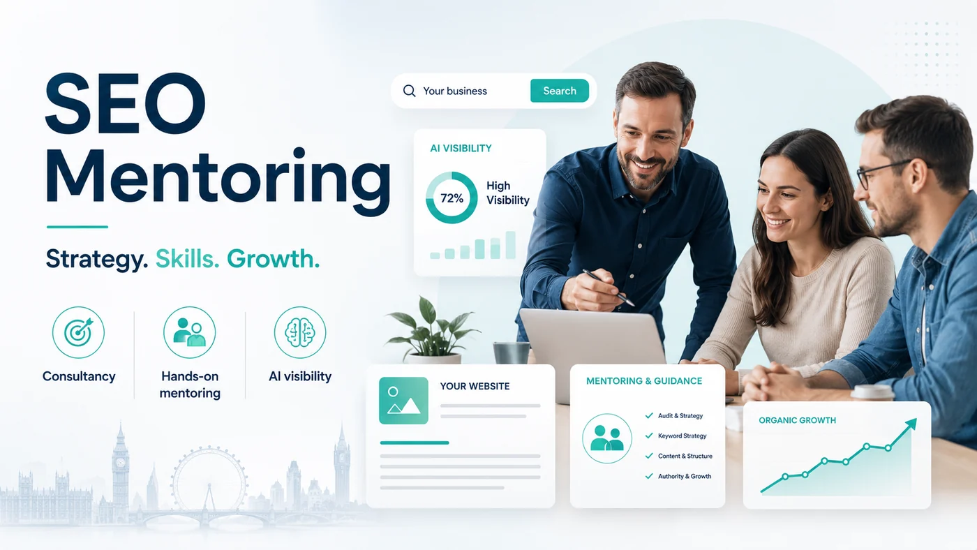 SEO Mentoring and Coaching UK, One to One With a Consultant 1 SEO mentoring panel showing a consultant working through search results with two business owners, an AI visibility score, and the three strands of consultancy, hands-on mentoring and AI visibility