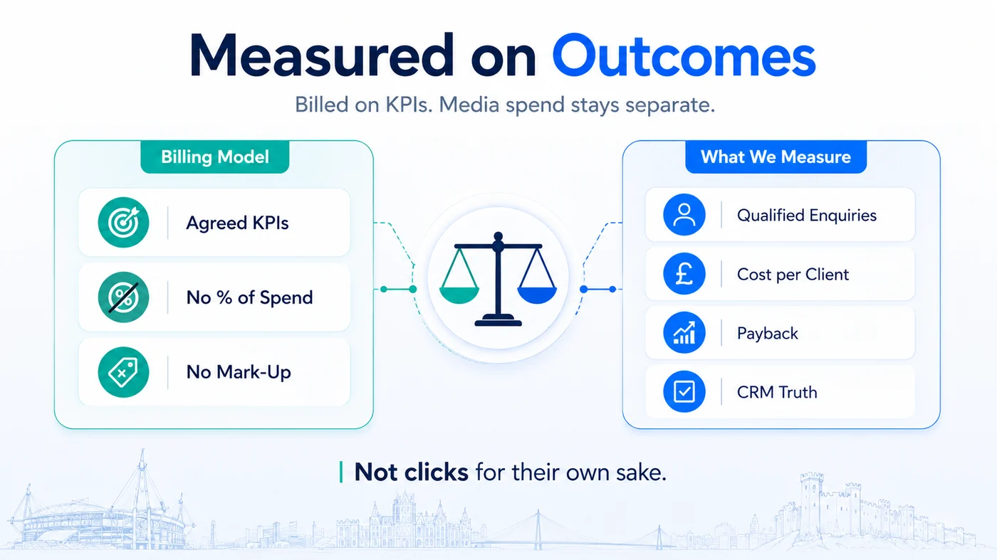 Diagram contrasting the True SEO billing model, agreed KPIs with no percentage of spend and no mark-up, against what is measured, qualified enquiries, cost per client, payback and CRM truth