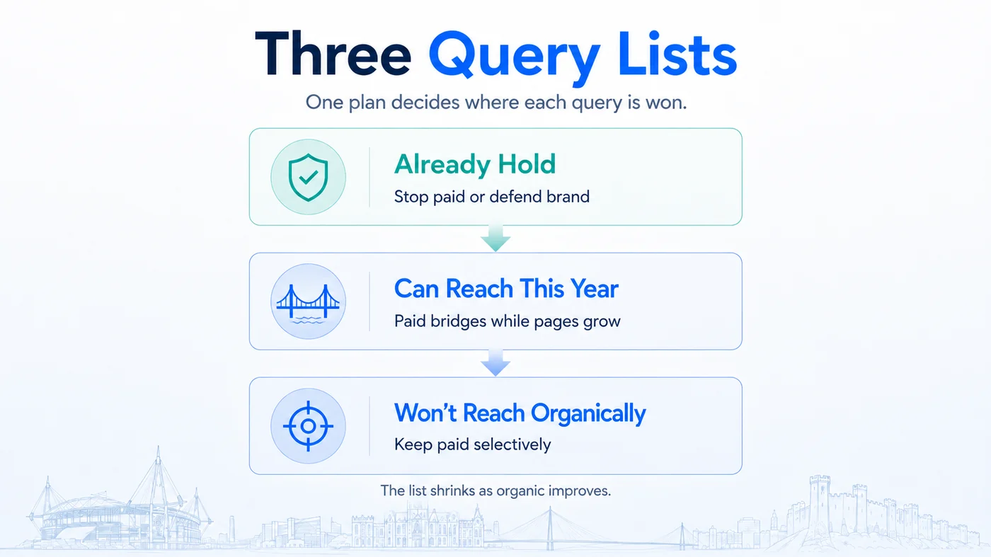Decision diagram showing the three query lists used by True SEO, queries organic already holds, queries organic can reach this year and queries organic will not reach, and what paid search does with each