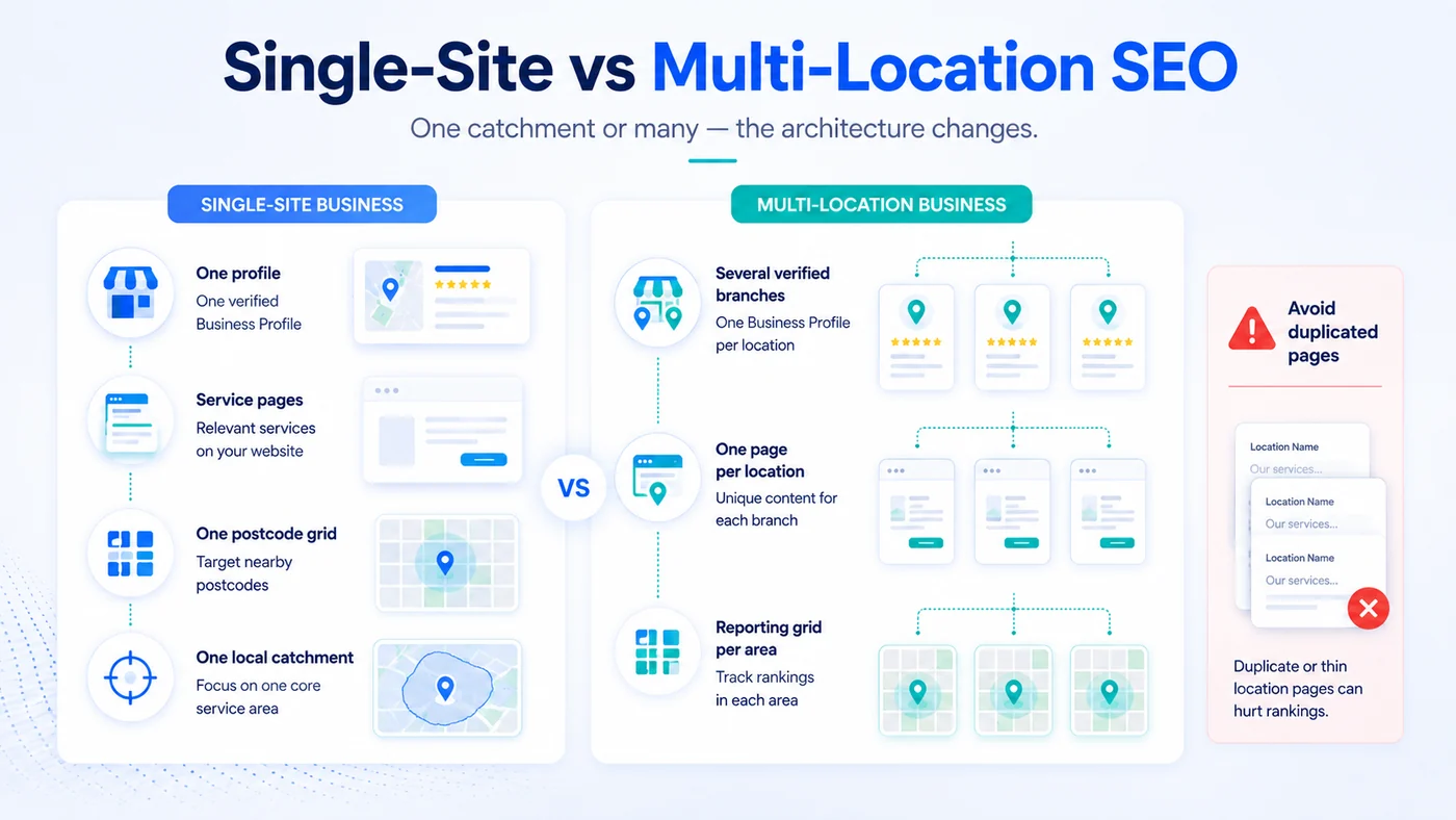 Comparison of single-site local SEO and multi-location SEO showing where the work is the same and where it differs