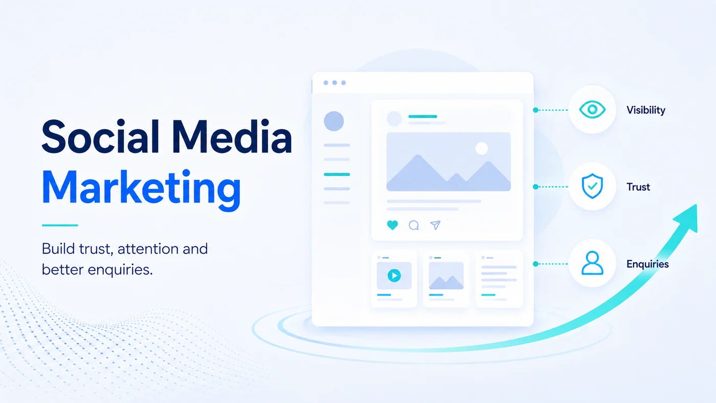 Social Media Marketing Agency Services UK | Affordable & Proven 1 Social media services diagram showing profiles, consistent business details and published work feeding search visibility and AI answers rather than follower growth