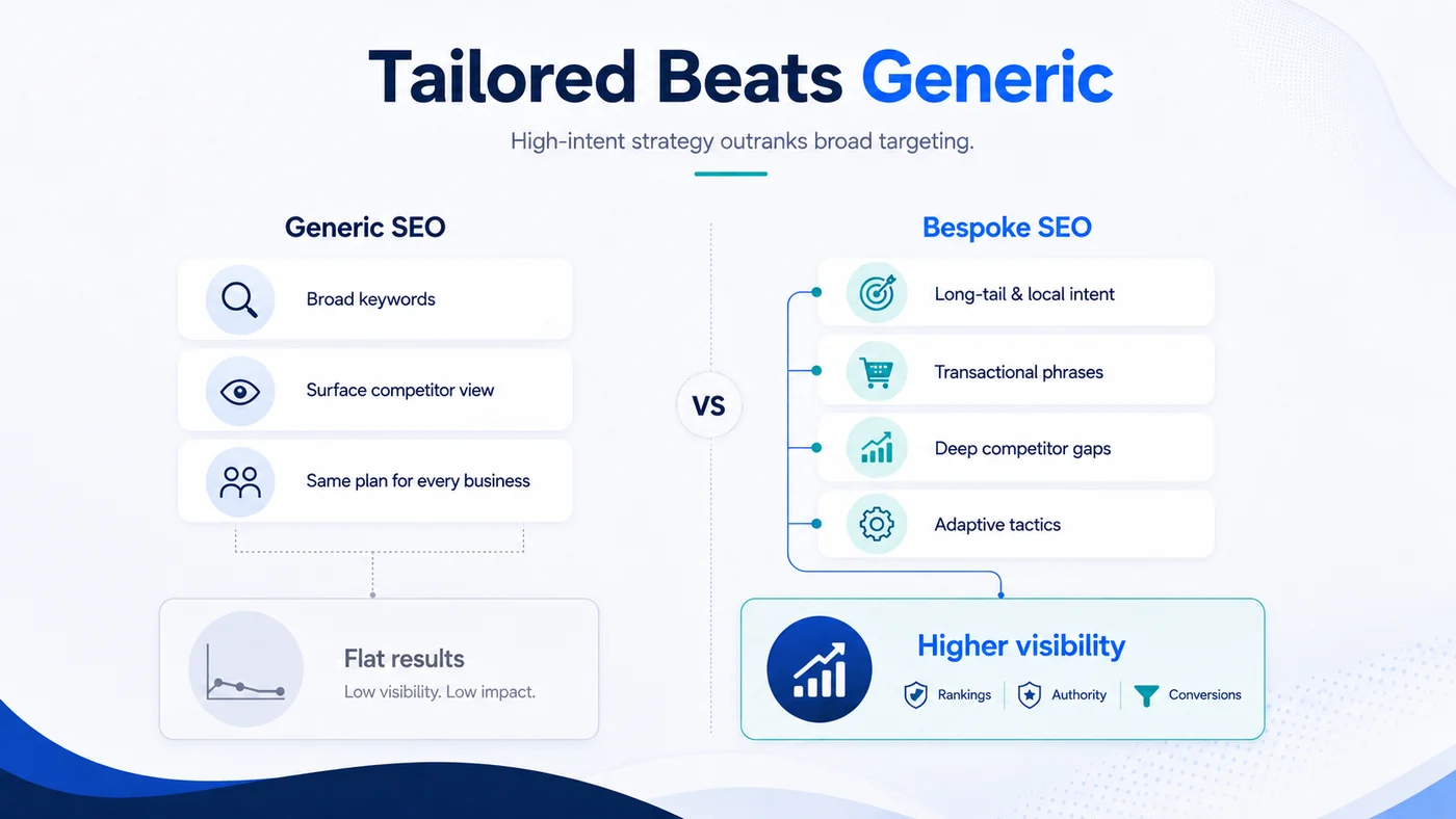Bespoke SEO Services UK | Built Around Your Model 3 Comparison diagram of generic SEO against bespoke SEO: broad keywords, surface competitor view and the same plan for every business produce flat results, while long-tail and local intent, transactional phrases, deep competitor gaps and adaptive tactics produce higher visibility