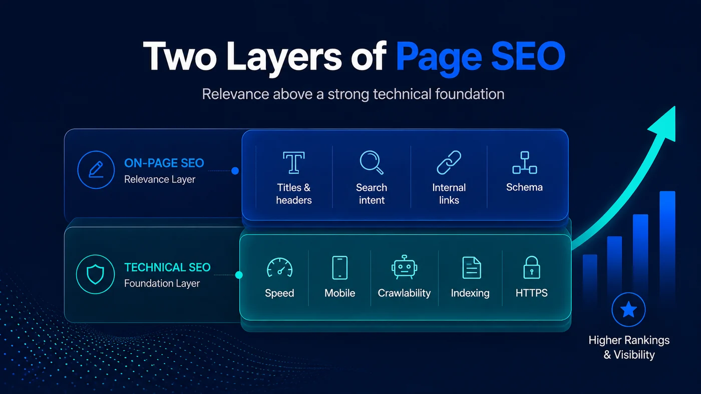 Diagram separating the two layers of page SEO: the technical foundation layer covering speed, mobile, crawlability, indexing and HTTPS, and the on-page relevance layer covering titles and headings, search intent, internal links and schema