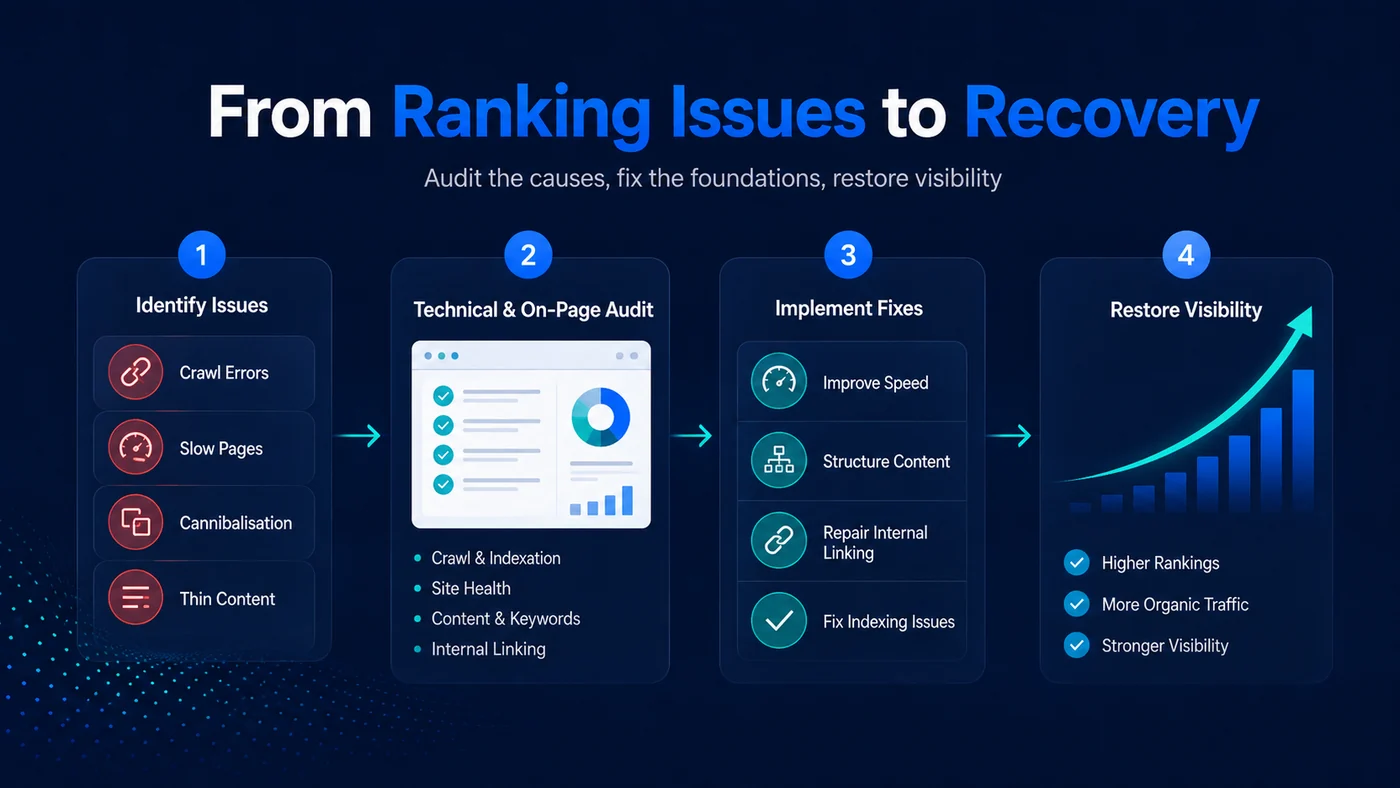 Four stage diagram from ranking issues to recovery: identify issues including crawl errors, slow pages, cannibalisation and thin content; run a technical and on-page audit; implement fixes to speed, structure, internal linking and indexing; and restore visibility